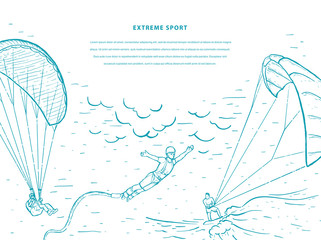 Bungee jumping, kite surfing, free fall, paraglider, skydivers. Extreme sports sketch vector template.