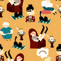 Bright seamless repeatted pattern with different  situations with a girl and her family at home  on the  orange background . Funny  childish background.