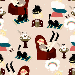 Cozy seamless repeatted pattern with different  situations with a girl at home  on the  pink  background . Funny  childish background.