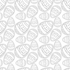 Seamless pattern with wreath of Easter eggs and lettering Happy Easter. Cute vector doodle illustration isolated on white background. Scandinavian style. Design for print, textile, fabric.