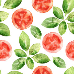 Watercolor seamless pattern with tomato slices and basil leaves. Top view of culinary ingredients for pizza. Backdrop for recipe book. Hand drawn background for packaging design, fabric, menu.