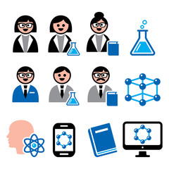 Scientist woman and man, science people vector icons set - education, knowledge concept
