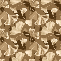 Seamless decorative pattern of ginkgo biloba leaves in sepia color, watercolor illustration, print for fabric and other designs.