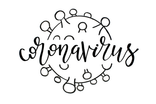 Black drawn of CORONAVIRUS and insctiption on a white background
