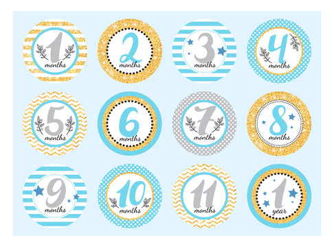 Monthly baby stickers for newborn boys.  Month by month growth stickers for clothing with gold sparkles. Set for a photo shoot or a baby shower party.