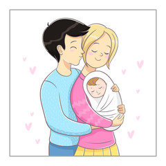 Illustration of parents with baby. Parents embracing newborn and expressing love and care. In pink and light blue color.