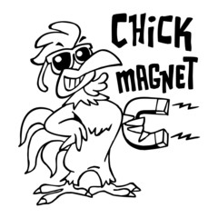 Rooster with sunglasses holding a big magnet, text chick magnet, black and white cartoon