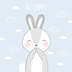 Postcard cute bunny on the background of clouds with the words 