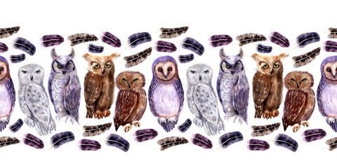 Watercolor seamless border with different types of owls