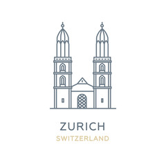Obraz premium Zurich city, Switzerland. Line icon of the famous and largest city in Europe. Outline icon for web, mobile, and infographics. Landmark and famous building. Vector illustration, white isolated. 
