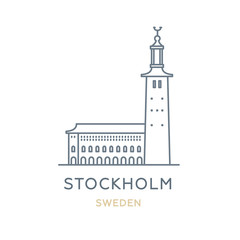 Stockholm city, Sweden. Line icon of the famous and largest city in Europe. Outline icon for web, mobile, and infographics. Landmark and famous building. Vector illustration, white isolated. 