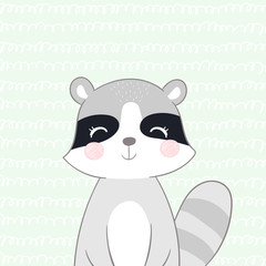 Postcard cute raccoon on mint background.