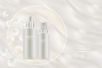 Beauty product ad design, white cosmetic container with collagen solution advertising background ready to use, luxury skin care banner, illustration vector.	