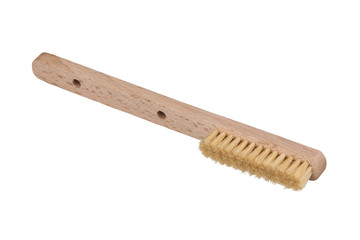 Rock climbing bouldering boulder cleaning brush. Wooden brush isolated on white background

