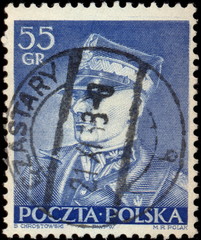 Czastary. Rzadki kasownik pocztowy (1938) odbity na znaczku pocztowym z portretem marszałka Edwarda Rydza-Śmigłego.