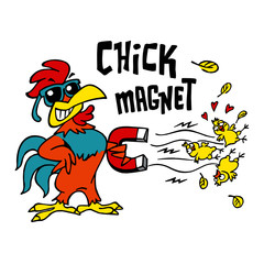 Rooster with sunglasses Alfa male magnetizing three yellow chicks with a big magnet, text chick magnet, color cartoon