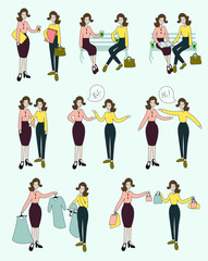 Cartoon people flat vector illustration Best friends shopping together Drinking coffee with friend