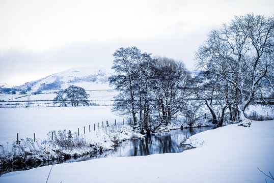 Winter snow landscape with trees and hills in background UK