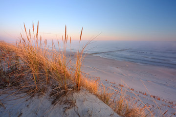 Fototapeta Wydmy na wybrzeżu Morza Bałtyckiego,wschód słońca na plaży w Dźwirzynie,Polska. obraz