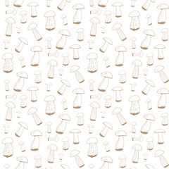 Seamless pattern with brown forest mushrooms on white background. Vector image.