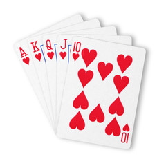 Hearts royal flush flat on white winning hand business concept