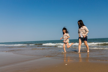 海岸で海遊ぶをしている子供姉妹