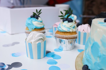 blue cupcakes with blueberries, marshmallows on a stick