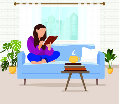 Young woman reading book on sofa at home.Flat style vector illustration