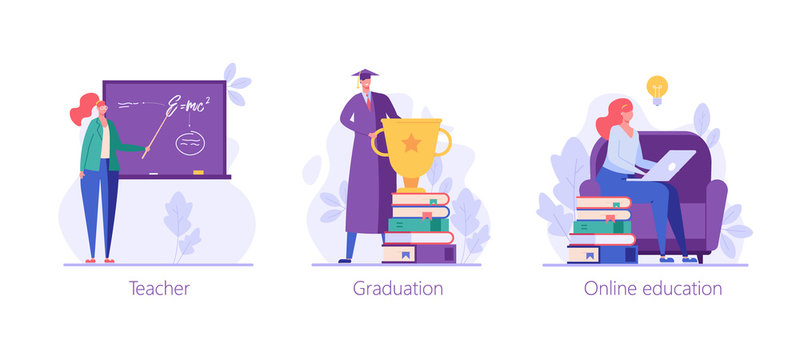People studying and teaching online. Reading books and e-learning. Concept of successful studying, online lesson, modern education.  Vector illustration in flat design