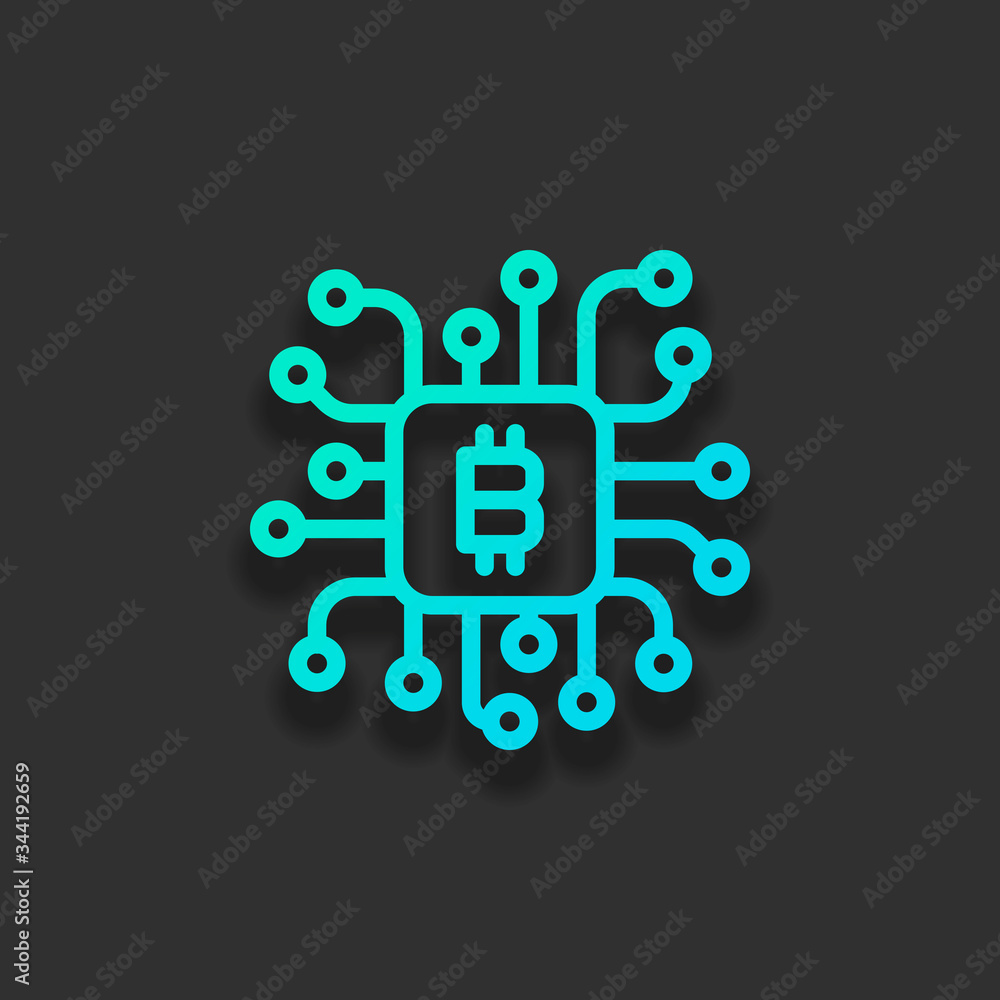 Poster linear bitcoin chip icon. processor for farming. colorful logo concept with soft shadow on dark back