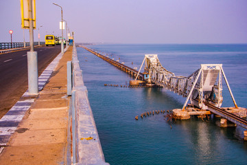 Naklejka na ściany i meble Pamban Bridge is a railway bridge which connects the town of Mandapam in mainland India with Pamban Island, and Rameswaram.