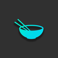 Bowl and couple of chopsticks. Asian icon. Colorful logo concept with soft shadow on dark background. Icon color of azure ocean