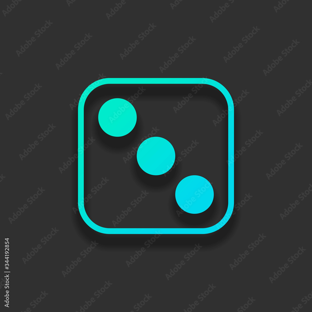 Poster one dice with number three on visible side. icon of casino games. colorful logo concept with soft sh