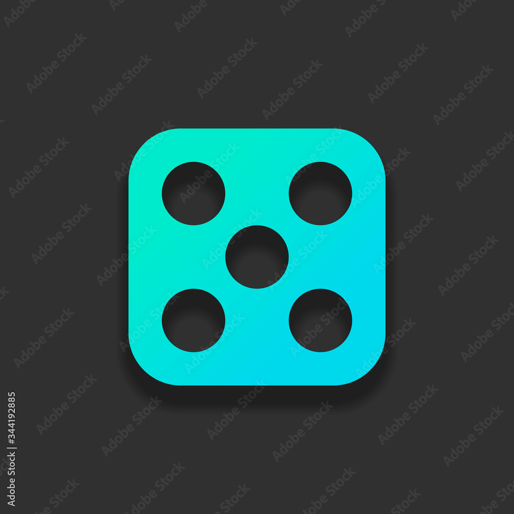 Poster one dice with number five on visible side. icon of casino games. colorful logo concept with soft sha