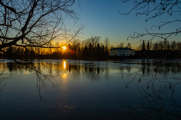 Beautiful sunset on river Kymijoki in February, Finland.