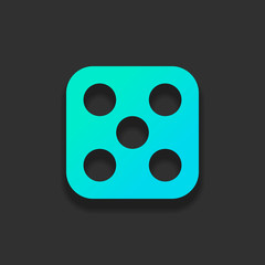 One dice with number five on visible side. Icon of casino games. Colorful logo concept with soft shadow on dark background. Icon color of azure ocean