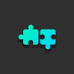 Two pieces of puzzle, creative teamwork, different solutions, logic game, simple icon. Colorful logo concept with soft shadow on dark background. Icon color of azure ocean