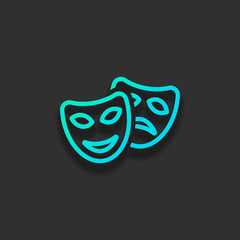 Smile and sad masks, comedy and drama theater, opposite emotions. Linear outline icon. Colorful logo concept with soft shadow on dark background. Icon color of azure ocean