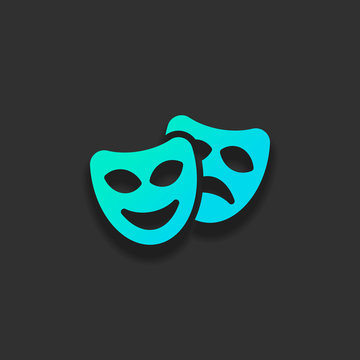 Smile and sad masks, comedy and drama theater, opposite emotions. Icon with happy and depressed faces. Colorful logo concept with soft shadow on dark background. Icon color of azure ocean