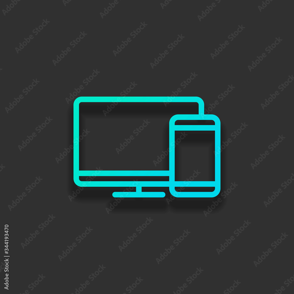 Poster computer and phone, outline linear icon. colorful logo concept with soft shadow on dark background. 