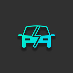 Obraz premium Eco logo of electric car with lightning mark, technology icon. Colorful logo concept with soft shadow on dark background. Icon color of azure ocean