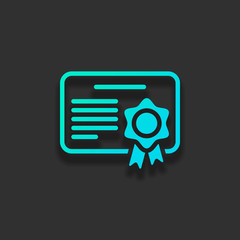 Document of certificate with award, linear outline icon. Colorful logo concept with soft shadow on dark background. Icon color of azure ocean