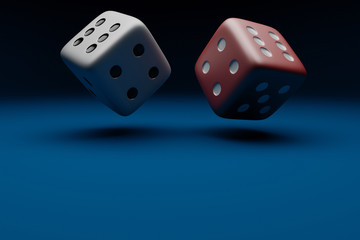 3D illustration of dices in mid air for casino or board game on clean isolated background