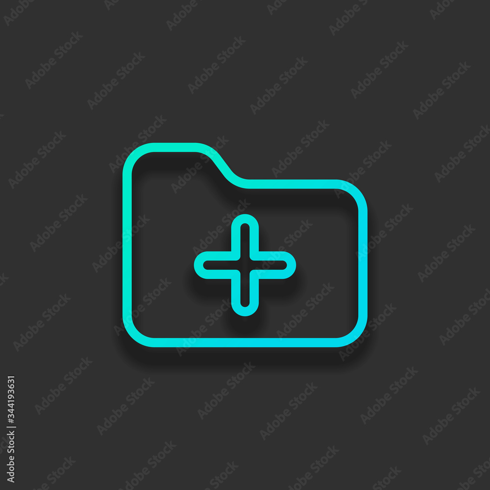 Poster folder with plus mark, outline linear business icon. colorful logo concept with soft shadow on dark 