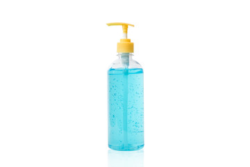 Blue alcohol gel sanitizer in bottle pump on white background, isolated, clipping path included
