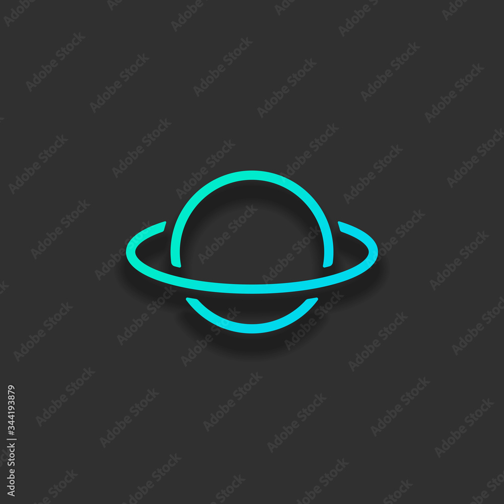 Poster planet with line of orbit, outline linear icon. colorful logo concept with soft shadow on dark backg