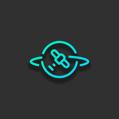 Planet and satellite, linear outline icon. Colorful logo concept with soft shadow on dark background. Icon color of azure ocean