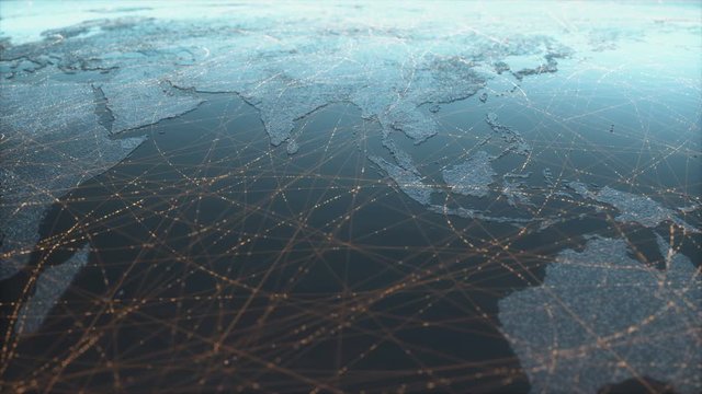 Animation from Europe and Africa to Asia and Oceania. 3D illustration of the planet Earth. Concept image of globalization.