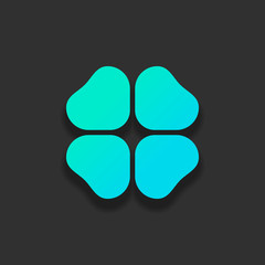 Four leaf clover, St Patricks Day sign. Colorful logo concept with soft shadow on dark background. Icon color of azure ocean
