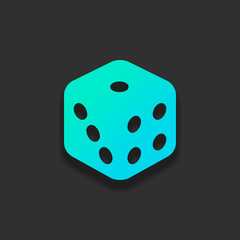 Dice cube, casino game. Colorful logo concept with soft shadow on dark background. Icon color of azure ocean